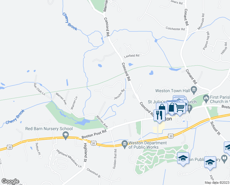 map of restaurants, bars, coffee shops, grocery stores, and more near 81 Jericho Road in Weston
