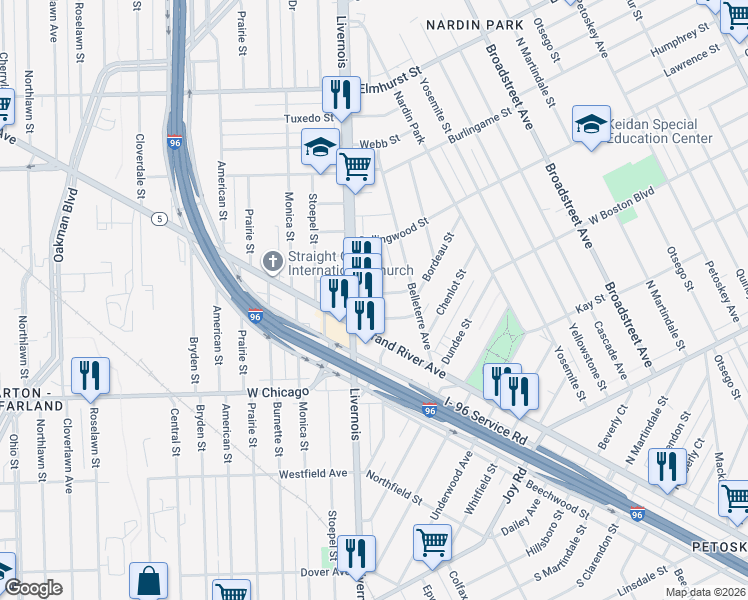 map of restaurants, bars, coffee shops, grocery stores, and more near 9839 Woodside Street in Detroit