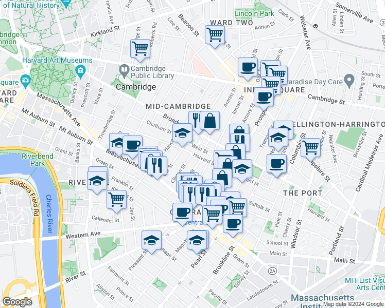 map of restaurants, bars, coffee shops, grocery stores, and more near Harvard St & Clinton St in Cambridge