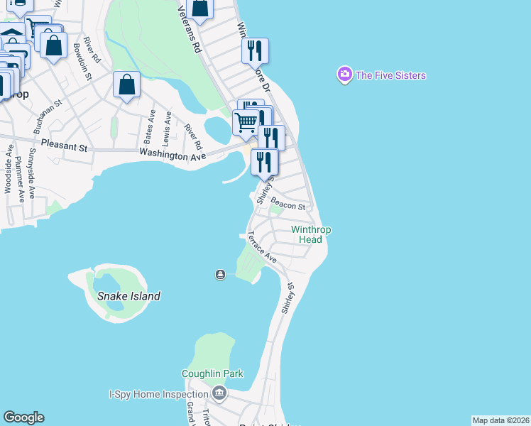 map of restaurants, bars, coffee shops, grocery stores, and more near 59 Park Avenue in Winthrop