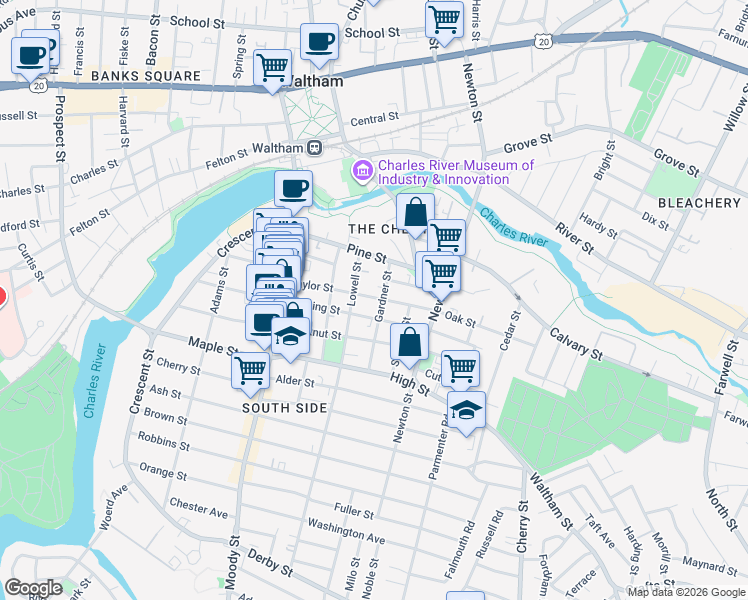 map of restaurants, bars, coffee shops, grocery stores, and more near 79 Cushing Street in Waltham