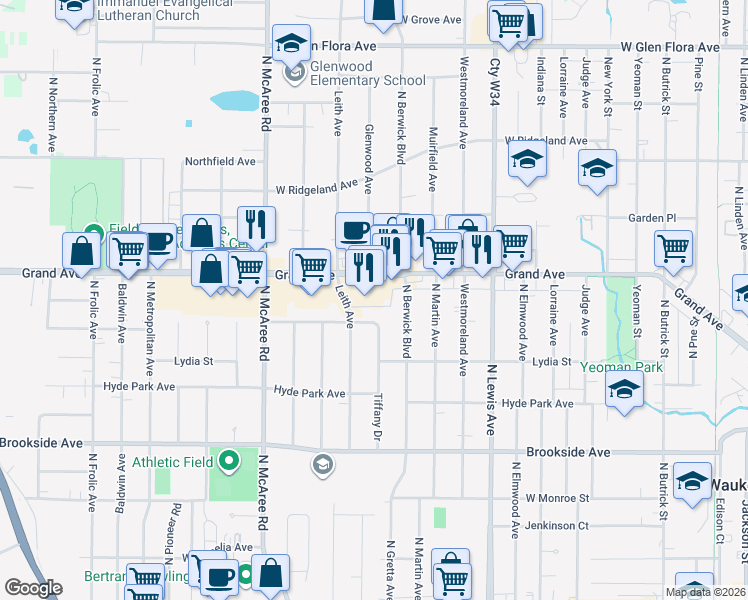 map of restaurants, bars, coffee shops, grocery stores, and more near 623 Tiffany Drive in Waukegan