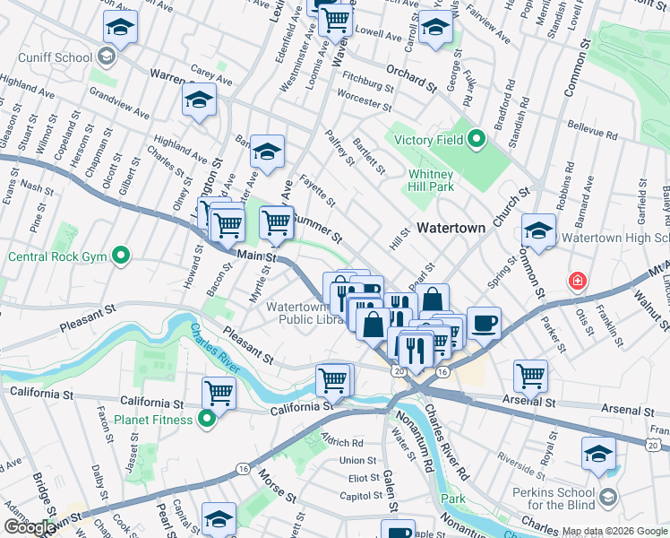 map of restaurants, bars, coffee shops, grocery stores, and more near 26 Whites Avenue in Watertown