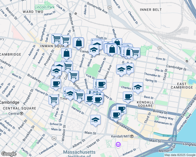 map of restaurants, bars, coffee shops, grocery stores, and more near 14 Vandine Street in Cambridge