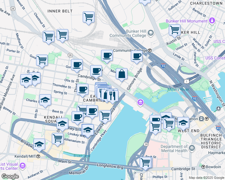 map of restaurants, bars, coffee shops, grocery stores, and more near 42R Monsignor O'Brien Highway in Cambridge
