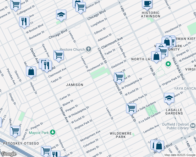 map of restaurants, bars, coffee shops, grocery stores, and more near 2720 Carter Street in Detroit