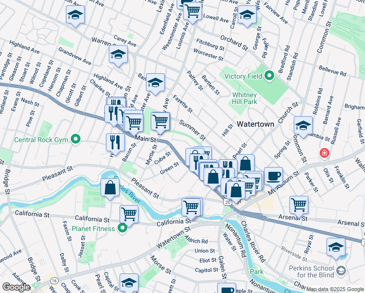 map of restaurants, bars, coffee shops, grocery stores, and more near 262 U.S. 20 in Watertown