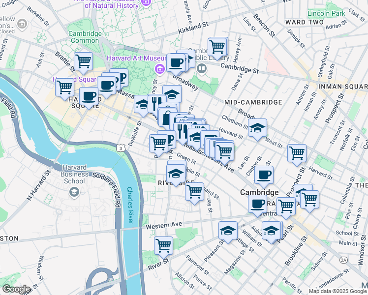 map of restaurants, bars, coffee shops, grocery stores, and more near 629 Green Street in Cambridge