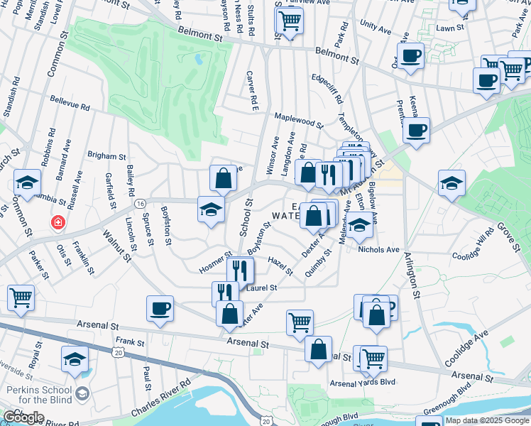 map of restaurants, bars, coffee shops, grocery stores, and more near 210 Boylston Street in Watertown