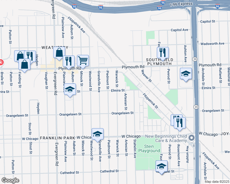map of restaurants, bars, coffee shops, grocery stores, and more near 10055 Warwick Street in Detroit