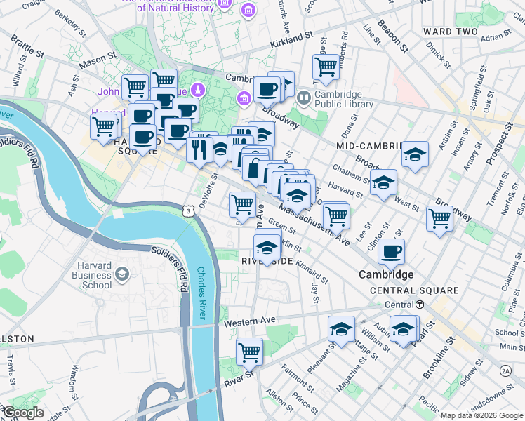 map of restaurants, bars, coffee shops, grocery stores, and more near 18 Putnam Avenue in Cambridge