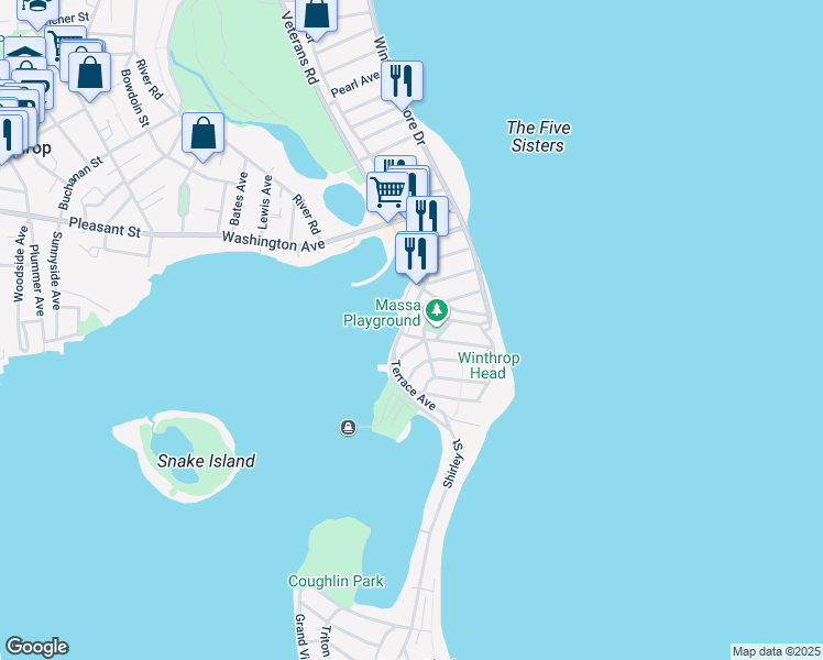 map of restaurants, bars, coffee shops, grocery stores, and more near 59 Park Avenue in Winthrop