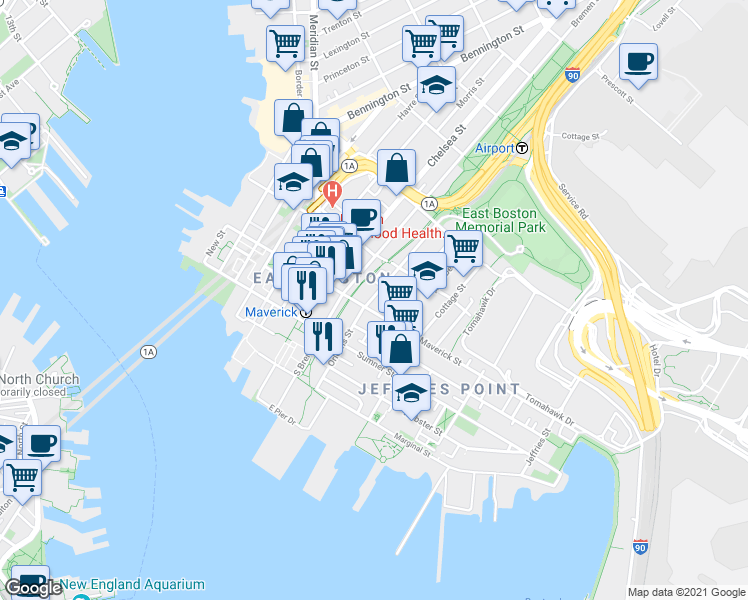 map of restaurants, bars, coffee shops, grocery stores, and more near 89 Orleans Street in Boston