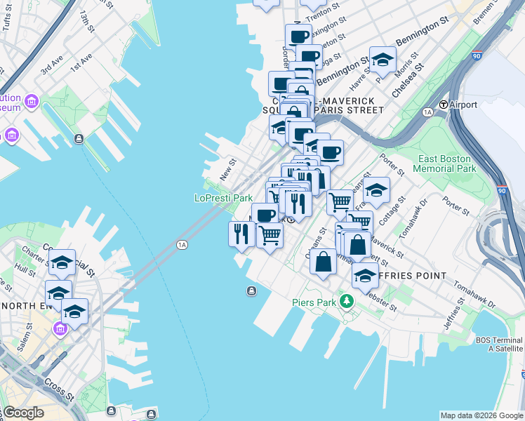 map of restaurants, bars, coffee shops, grocery stores, and more near 14 Clipper Ship Lane in Boston