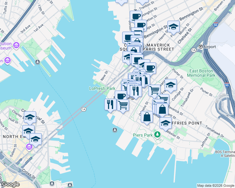 map of restaurants, bars, coffee shops, grocery stores, and more near 14 Clipper Ship Lane in Boston