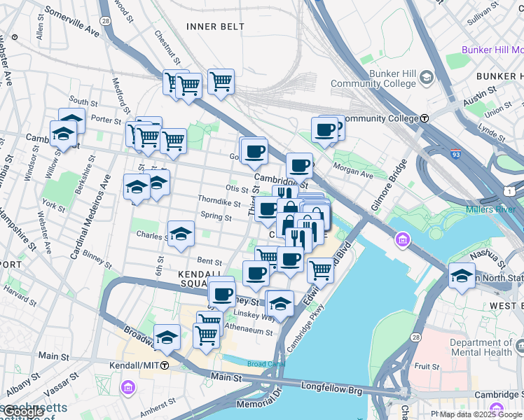 map of restaurants, bars, coffee shops, grocery stores, and more near 30 Spring Street in Cambridge