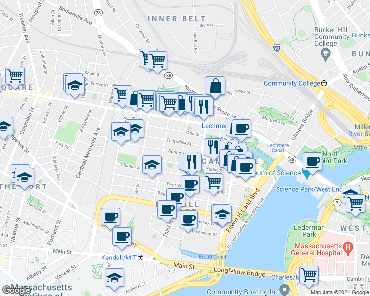 map of restaurants, bars, coffee shops, grocery stores, and more near 100 Sciarappa Street in Cambridge