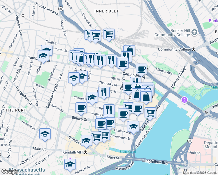 map of restaurants, bars, coffee shops, grocery stores, and more near 100 Sciarappa Street in Cambridge