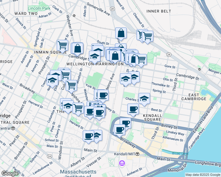 map of restaurants, bars, coffee shops, grocery stores, and more near 13 Cornelius Way in Cambridge