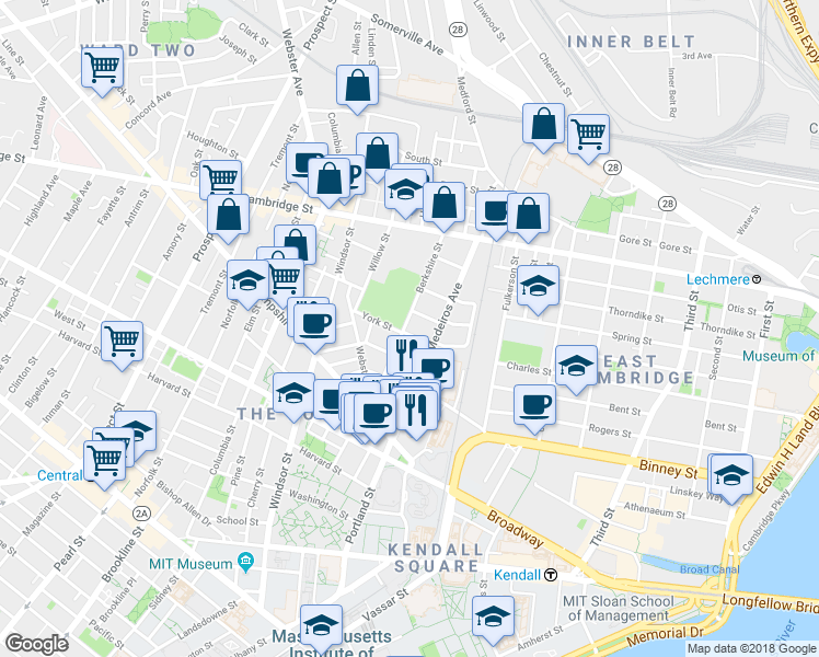 map of restaurants, bars, coffee shops, grocery stores, and more near 14 Vandine Street in Cambridge