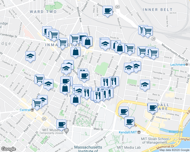 map of restaurants, bars, coffee shops, grocery stores, and more near 44 Plymouth Street in Cambridge