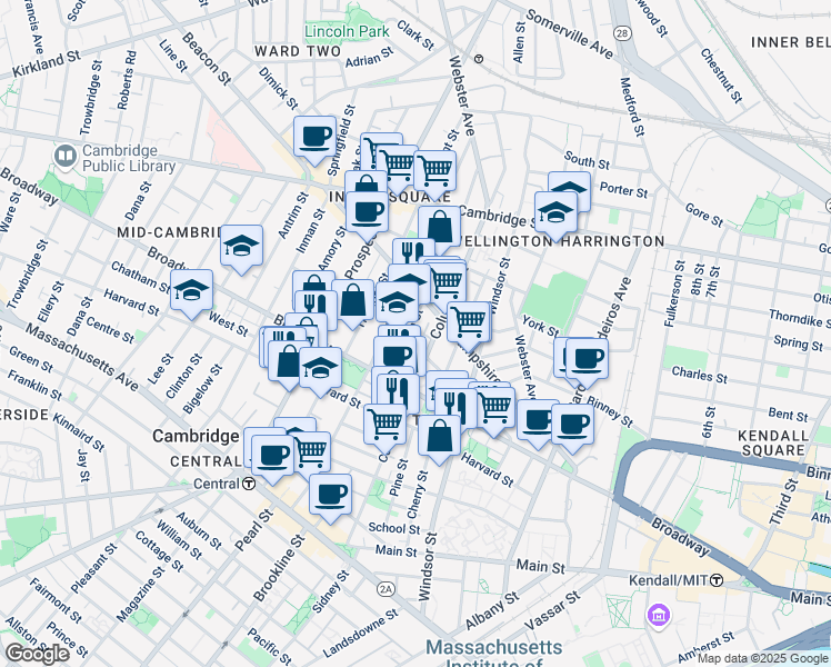 map of restaurants, bars, coffee shops, grocery stores, and more near 235 Columbia Street in Cambridge