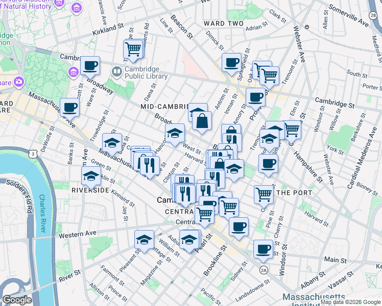 map of restaurants, bars, coffee shops, grocery stores, and more near 17 Bigelow Street in Cambridge