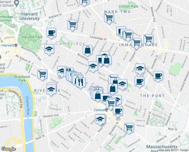 map of restaurants, bars, coffee shops, grocery stores, and more near in Cambridge