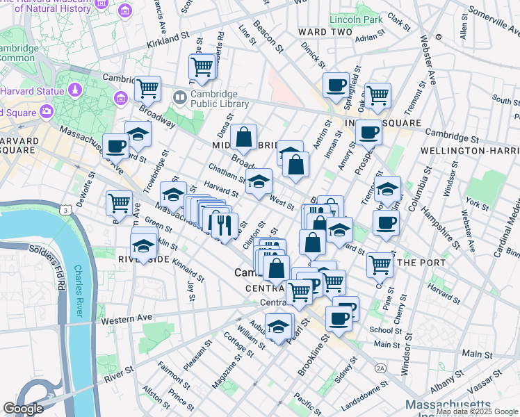 map of restaurants, bars, coffee shops, grocery stores, and more near in Cambridge