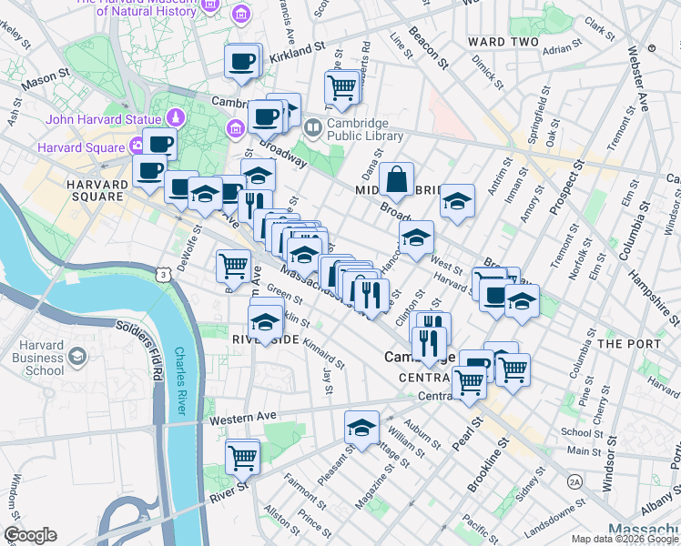 map of restaurants, bars, coffee shops, grocery stores, and more near 929 Massachusetts Avenue in Cambridge