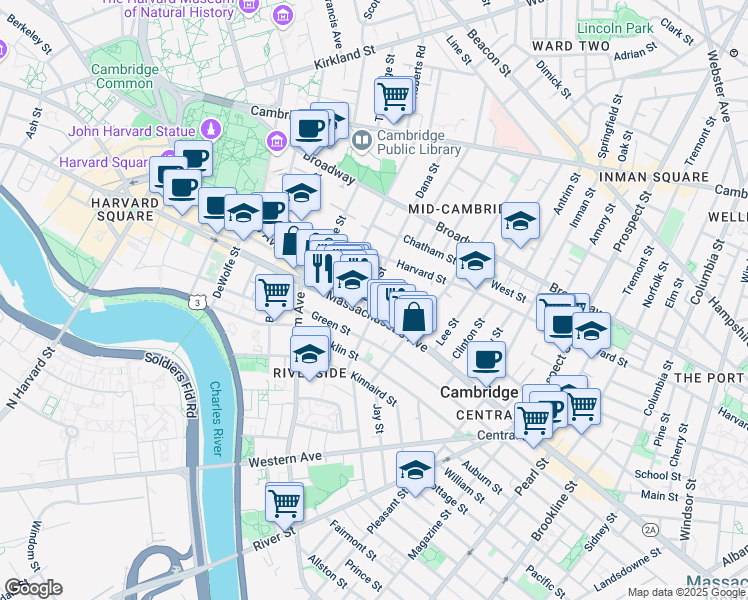 map of restaurants, bars, coffee shops, grocery stores, and more near in Cambridge