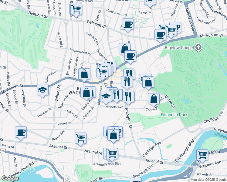 map of restaurants, bars, coffee shops, grocery stores, and more near 56 Bigelow Avenue in Watertown