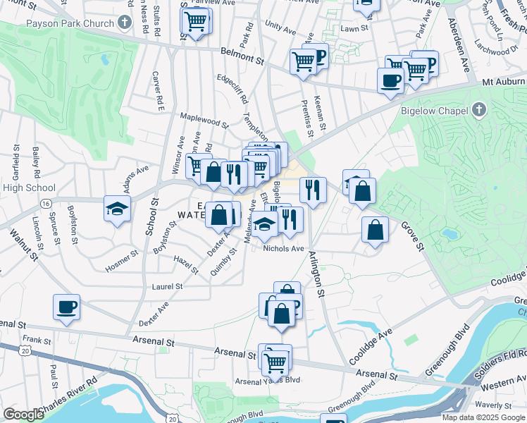 map of restaurants, bars, coffee shops, grocery stores, and more near 45 Elton Avenue in Watertown