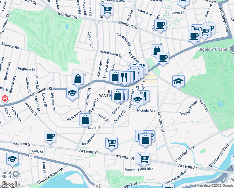 map of restaurants, bars, coffee shops, grocery stores, and more near in Watertown