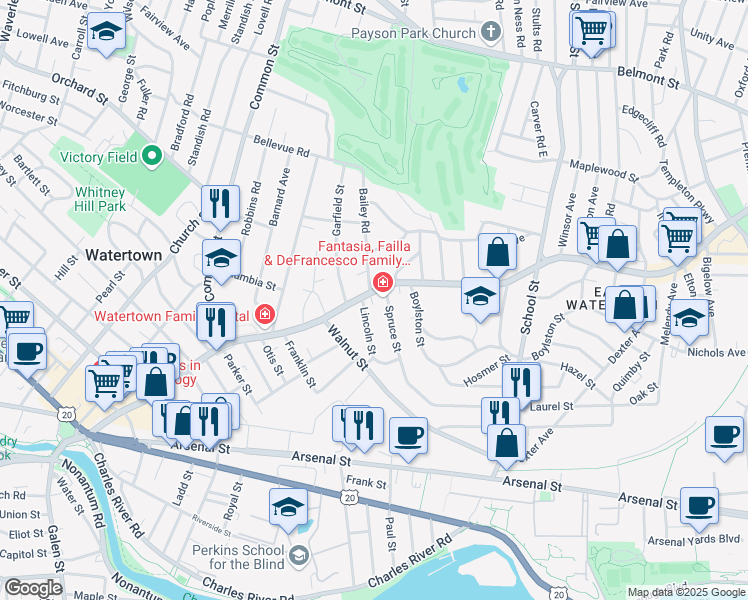 map of restaurants, bars, coffee shops, grocery stores, and more near 20 Lincoln Street in Watertown