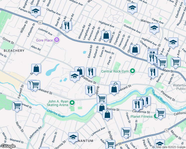 map of restaurants, bars, coffee shops, grocery stores, and more near 7 Buick Street in Watertown