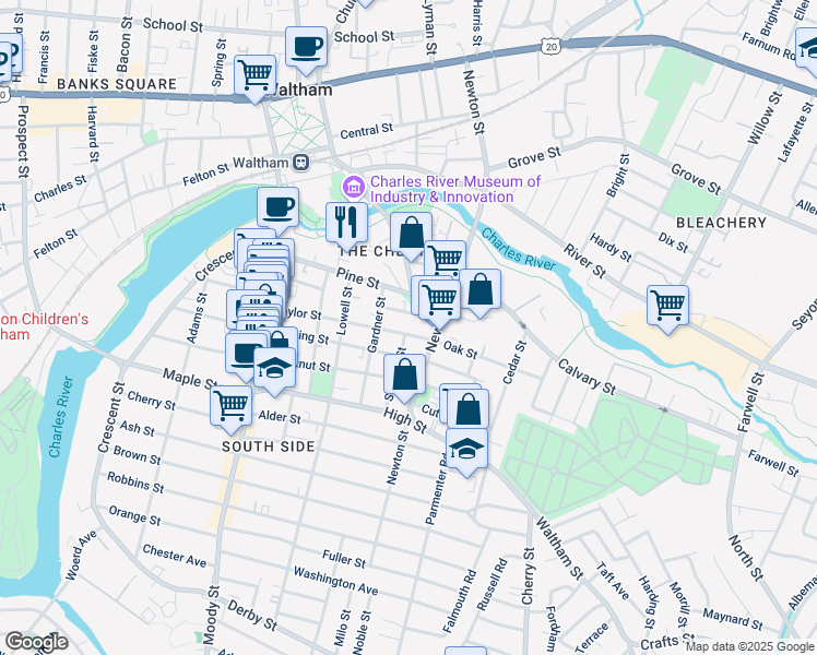 map of restaurants, bars, coffee shops, grocery stores, and more near 104 Cushing Street in Waltham