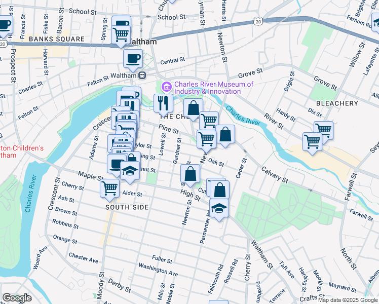 map of restaurants, bars, coffee shops, grocery stores, and more near 104 Cushing Street in Waltham