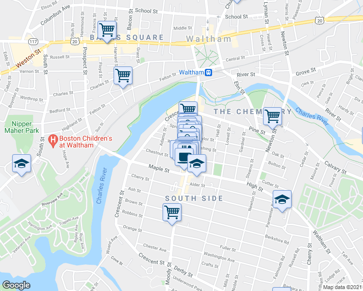 map of restaurants, bars, coffee shops, grocery stores, and more near 58 Chestnut Street in Waltham