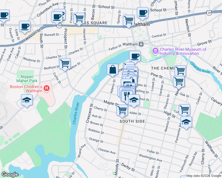 map of restaurants, bars, coffee shops, grocery stores, and more near 40 Chestnut Street in Waltham