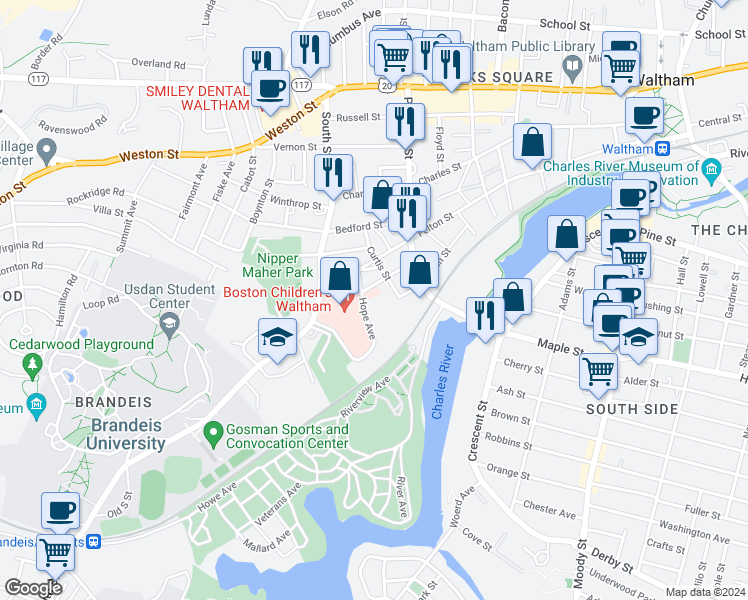 map of restaurants, bars, coffee shops, grocery stores, and more near in Waltham