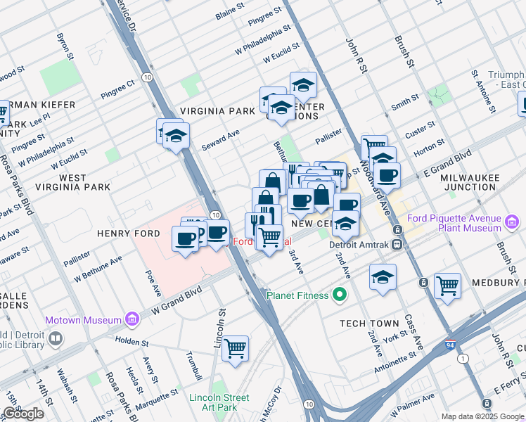 map of restaurants, bars, coffee shops, grocery stores, and more near 7373 3rd Avenue in Detroit