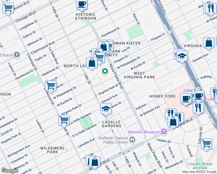 map of restaurants, bars, coffee shops, grocery stores, and more near 2021 Virginia Park Street in Detroit