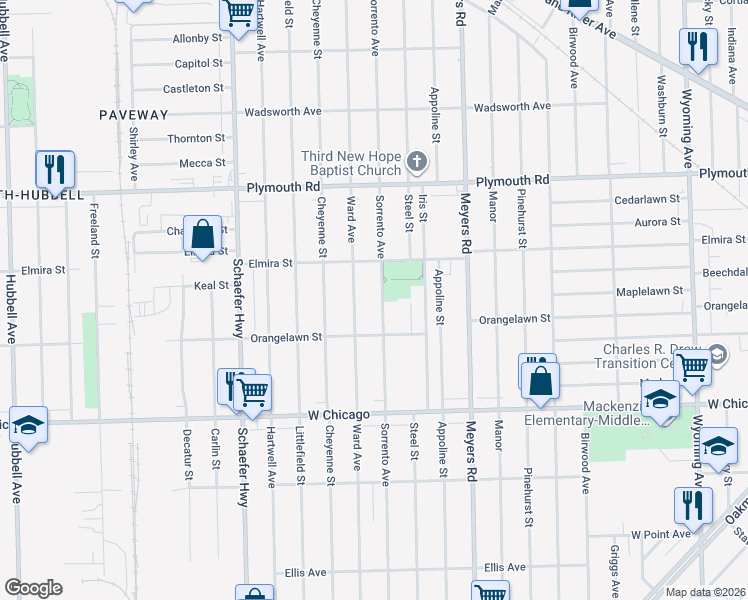 map of restaurants, bars, coffee shops, grocery stores, and more near 9935 Sorrento Avenue in Detroit