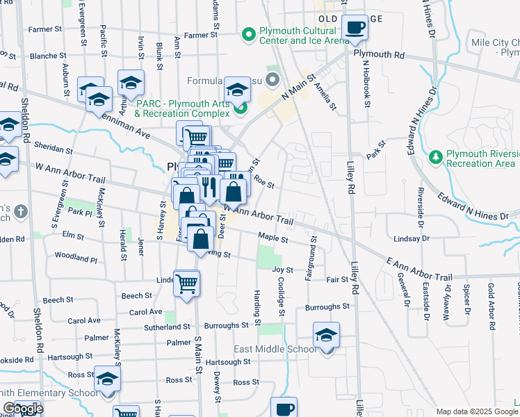 map of restaurants, bars, coffee shops, grocery stores, and more near 481 West Ann Arbor Trail in Plymouth