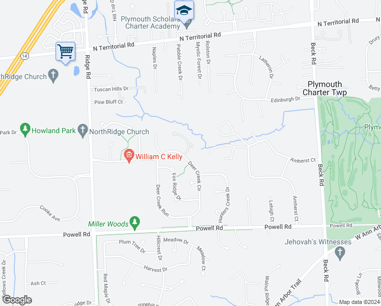 map of restaurants, bars, coffee shops, grocery stores, and more near 12375 Woodlands Court in Plymouth