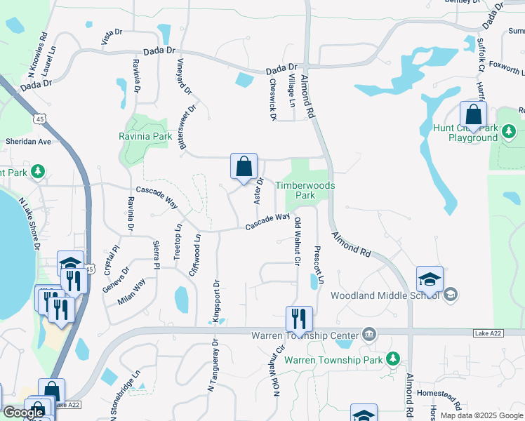 map of restaurants, bars, coffee shops, grocery stores, and more near 7441 Cascade Way in Gurnee
