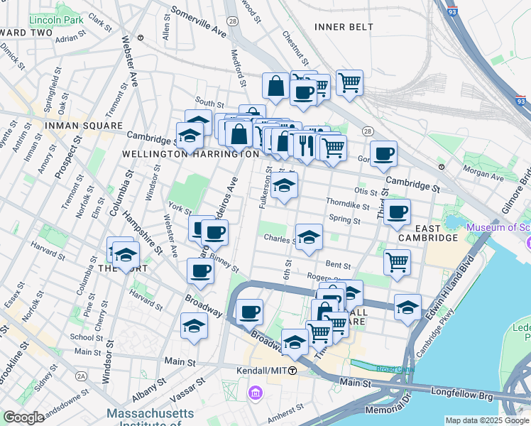 map of restaurants, bars, coffee shops, grocery stores, and more near 158 Spring Street in Cambridge