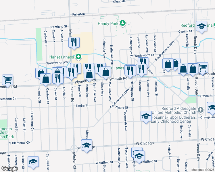 map of restaurants, bars, coffee shops, grocery stores, and more near 11400 Sioux in Redford Charter Township