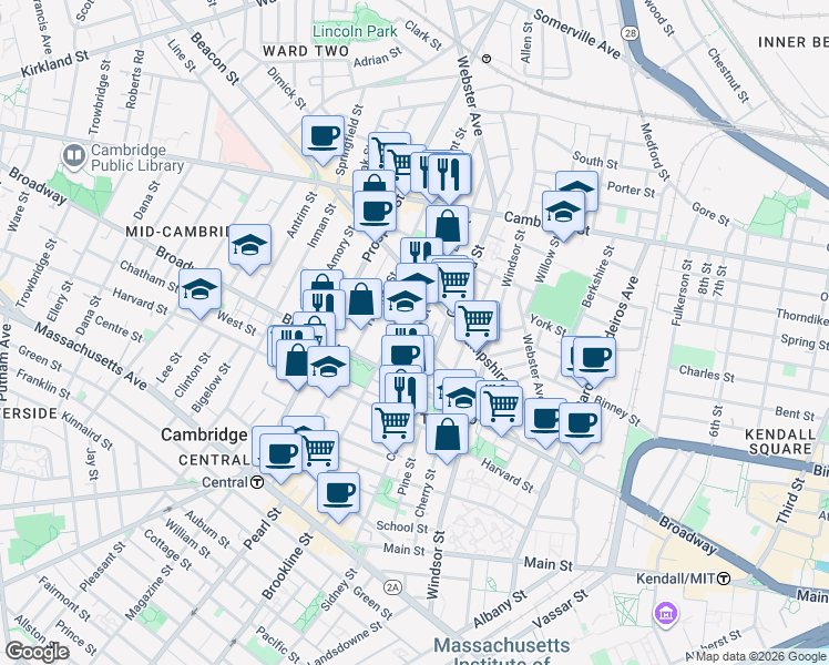 map of restaurants, bars, coffee shops, grocery stores, and more near 89 Elm Street in Cambridge